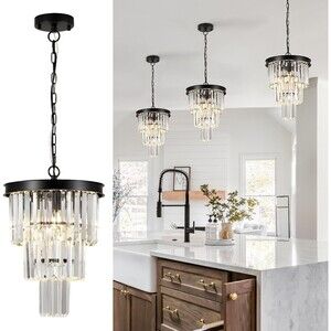 Black‎ Crystal Pendant Light Chandelier 3-Tier Modern Ceiling Fixture 12"
